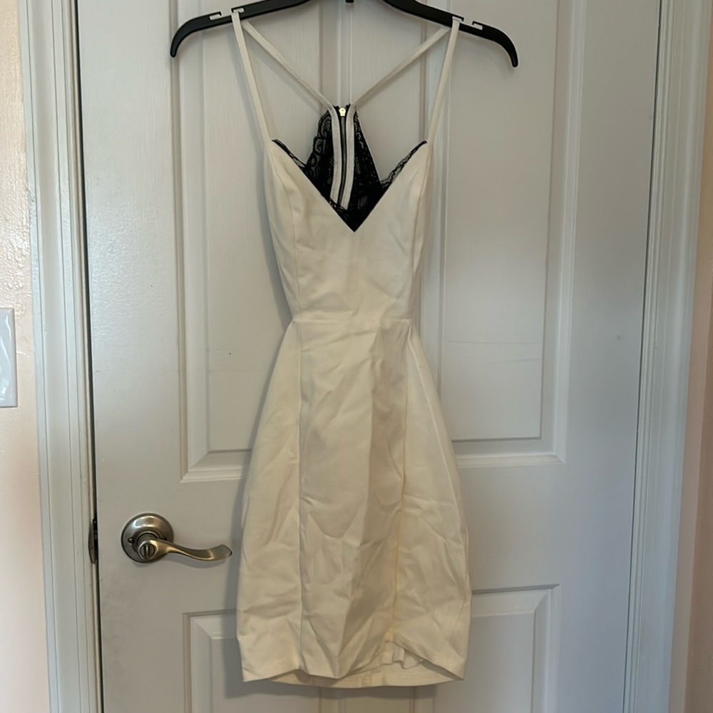 Lulus white bodycon dress with black lace detail
